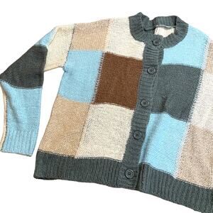 Checkered Brown Green Beige Blue Knit Button Up Cardigan Jumper Sweater